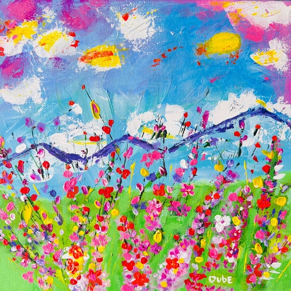 Original Painting Abstract Landscape Flowers Mountains Sky 12" x 12"